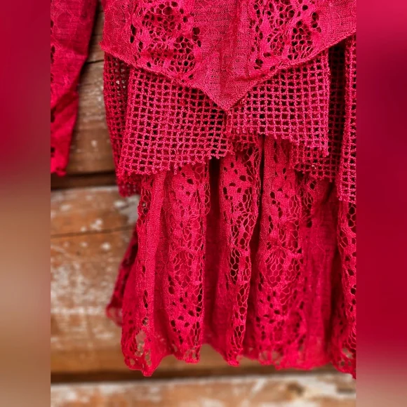 Indigo Soul Burgundy Wine Lace Sequin Flowy Tiered Layered Ruffle Longsleeve Top - Picture 3 of 14